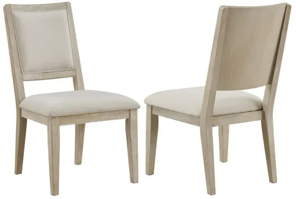 Eva Dining Side Chair Set of 2, Square Back, White Wood, Beige Fabric - Benzara