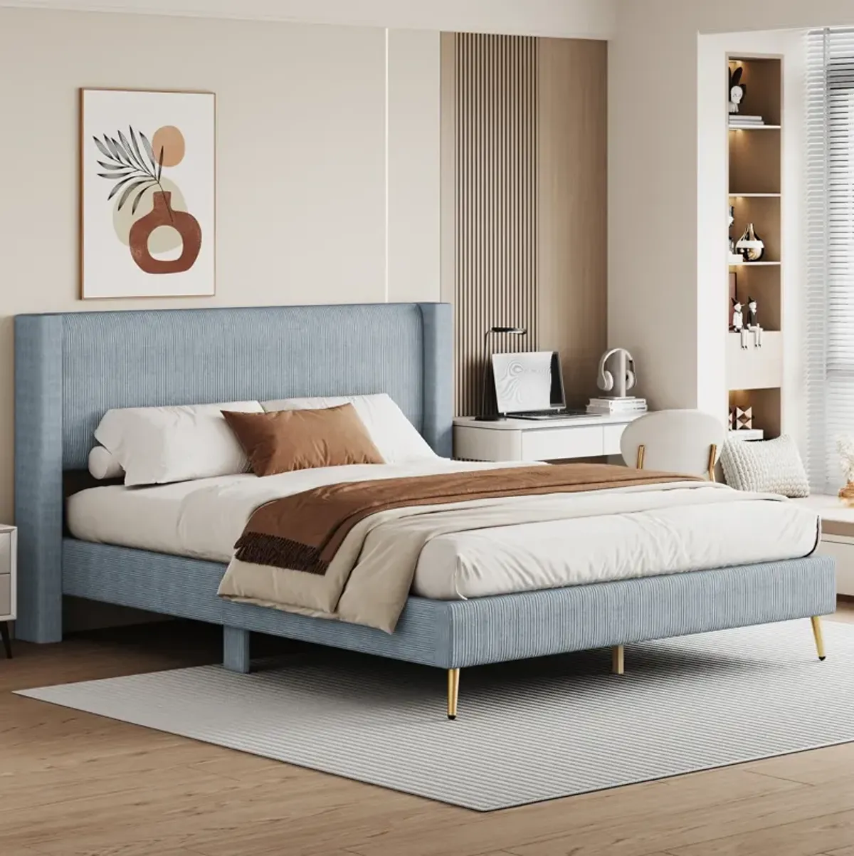 Merax Corduroy Platform Bed with Metal Legs