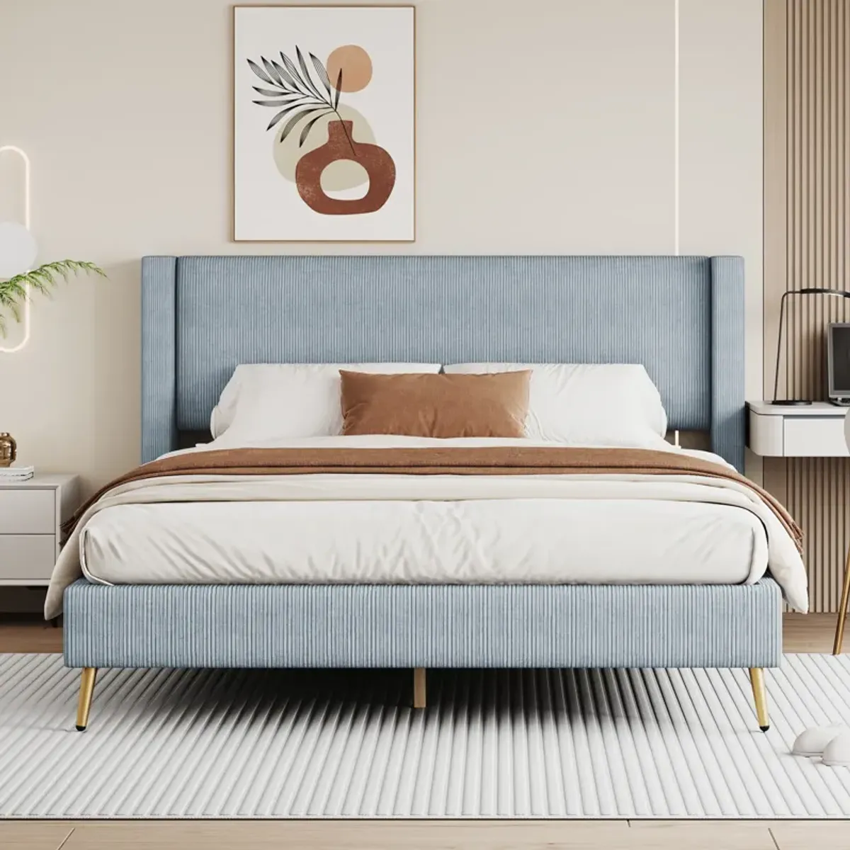 Merax Corduroy Platform Bed with Metal Legs