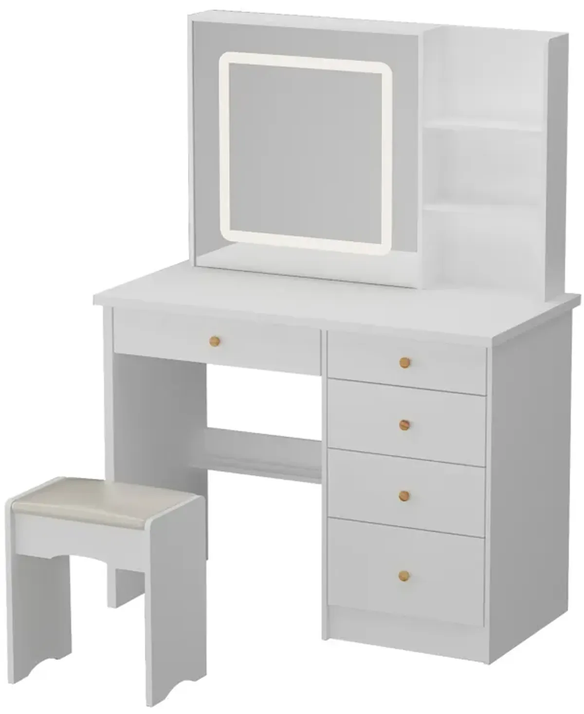 5-Drawers White Makeup Vanity Sets Dressing Table Sets with LED Dimmable Mirror, Stool and 3-Tier Storage Shelves