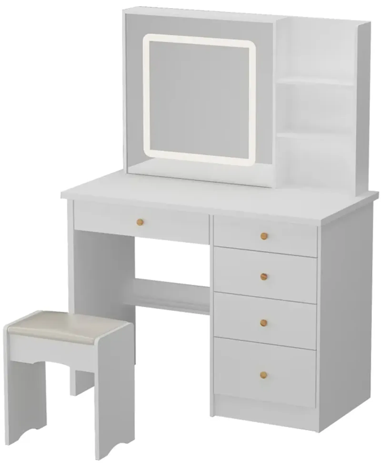 5-Drawers White Makeup Vanity Sets Dressing Table Sets with LED Dimmable Mirror, Stool and 3-Tier Storage Shelves