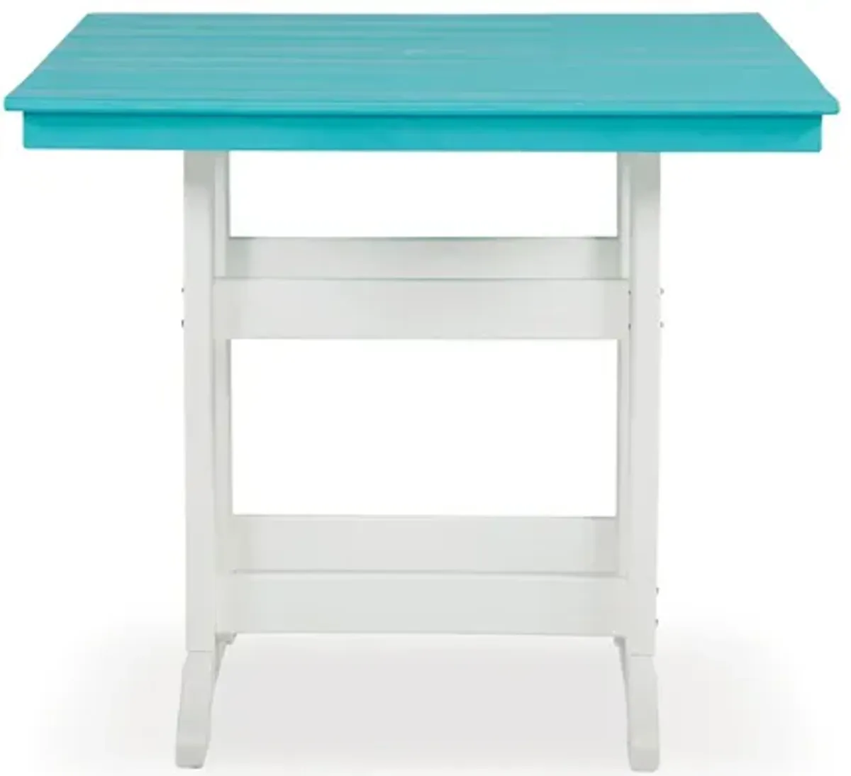 Ely 42 Inch Counter Height Dining Table, Outdoor Slatted, Turquoise, White - Benzara