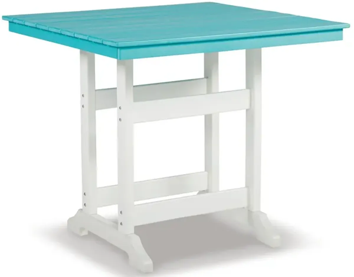 Ely 42 Inch Counter Height Dining Table, Outdoor Slatted, Turquoise, White - Benzara