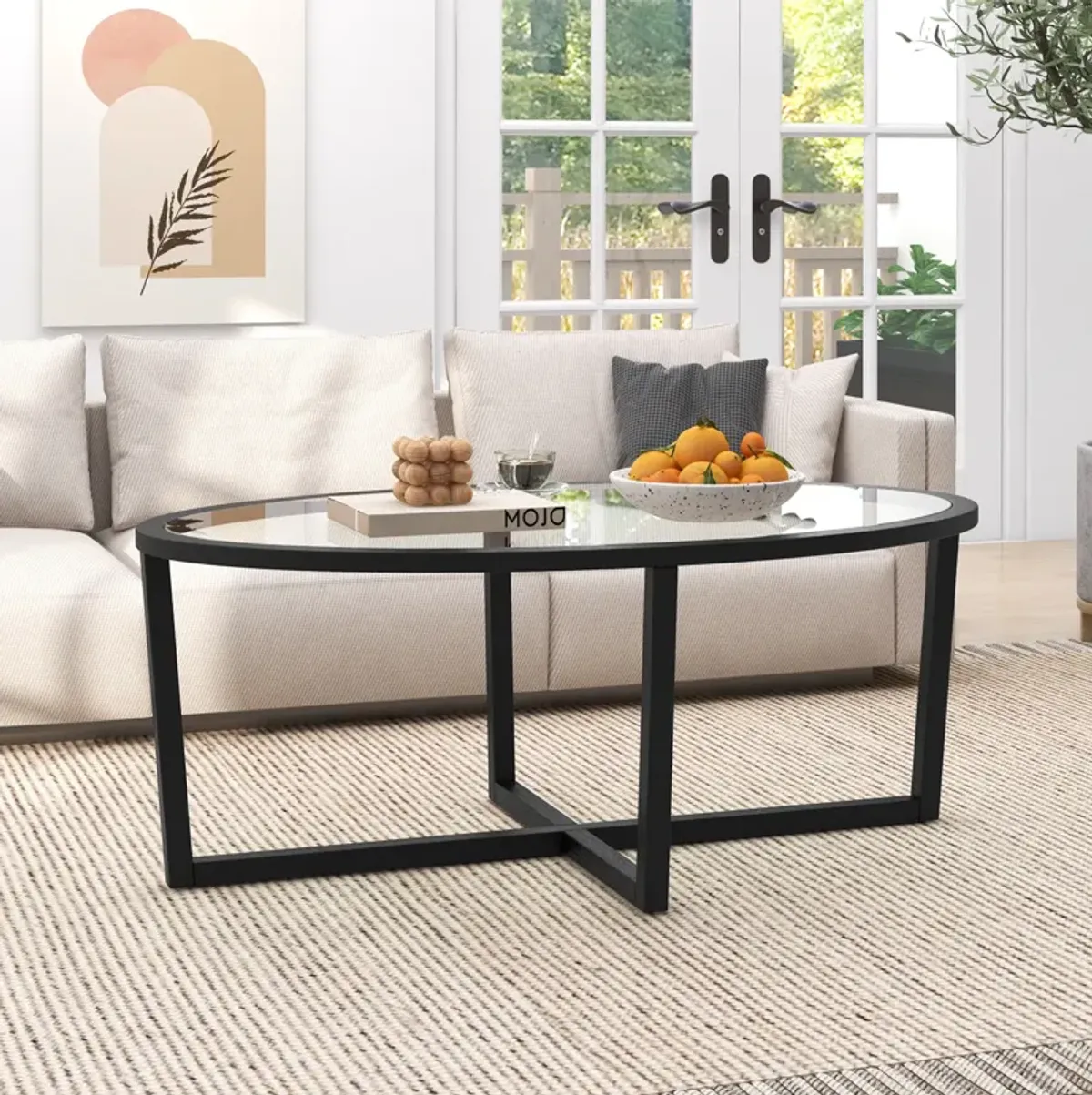 Oval Glass Coffee Table with Cross Base and Acacia Wood Legs for Modern Living Room Decor