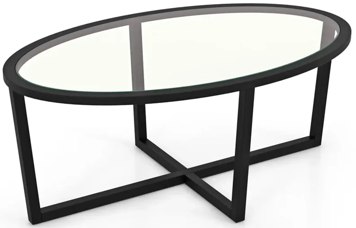 Oval Glass Coffee Table with Cross Base and Acacia Wood Legs for Modern Living Room Decor