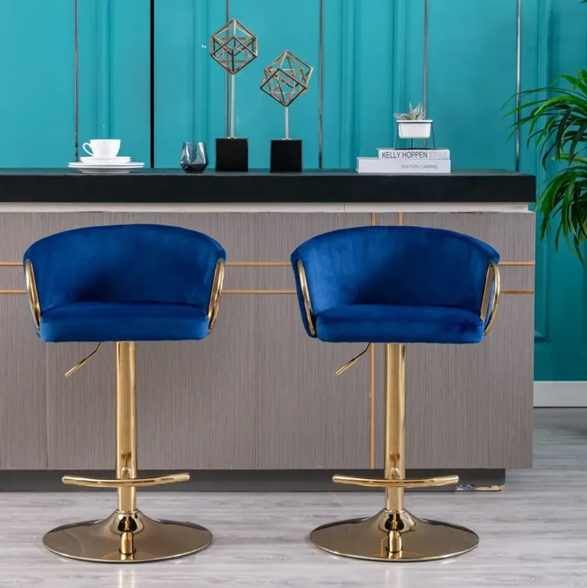 Set of 2 Bar Stools, with Chrome Footrest and Base Swivel Height Adjustable Mechanical Lifting Velvet + Golden Leg Simple Bar Stool-Navy