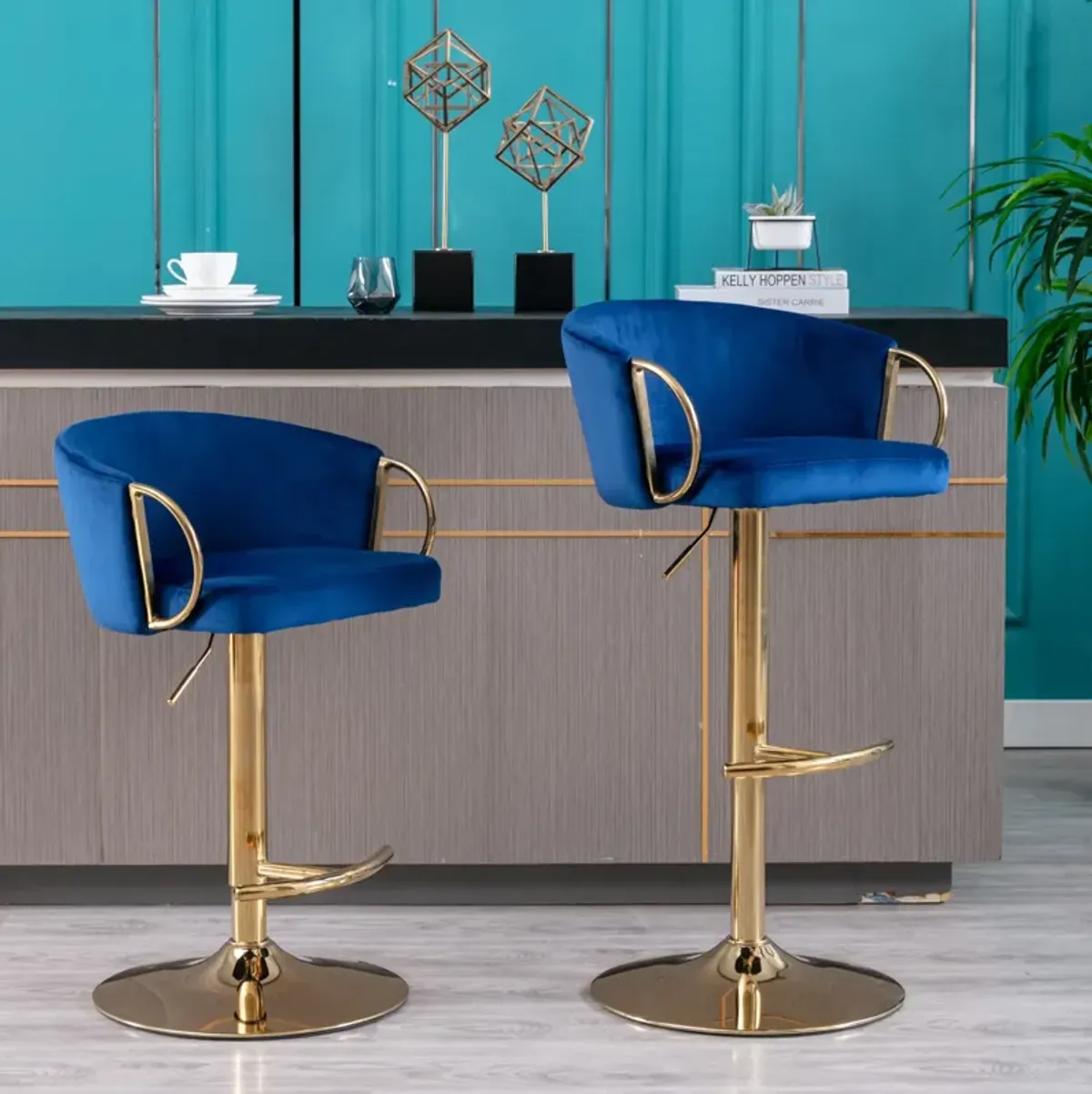 Set of 2 Bar Stools, with Chrome Footrest and Base Swivel Height Adjustable Mechanical Lifting Velvet + Golden Leg Simple Bar Stool-Navy