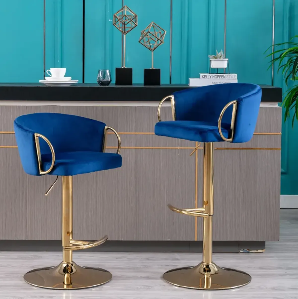 Set of 2 Bar Stools, with Chrome Footrest and Base Swivel Height Adjustable Mechanical Lifting Velvet + Golden Leg Simple Bar Stool-Navy