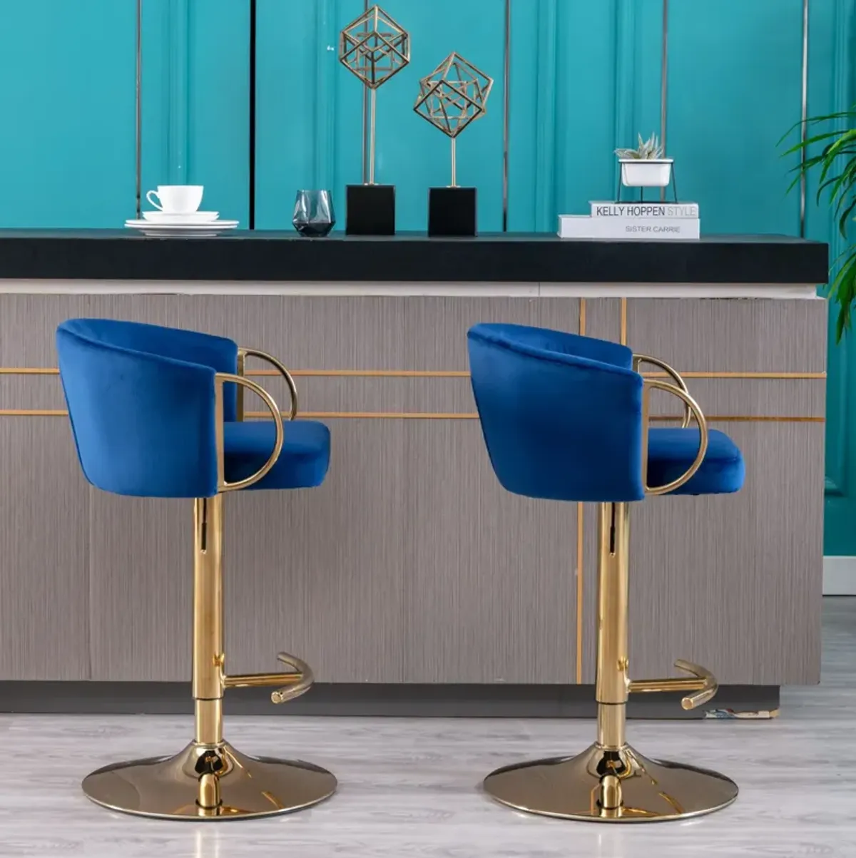 Set of 2 Bar Stools, with Chrome Footrest and Base Swivel Height Adjustable Mechanical Lifting Velvet + Golden Leg Simple Bar Stool-Navy