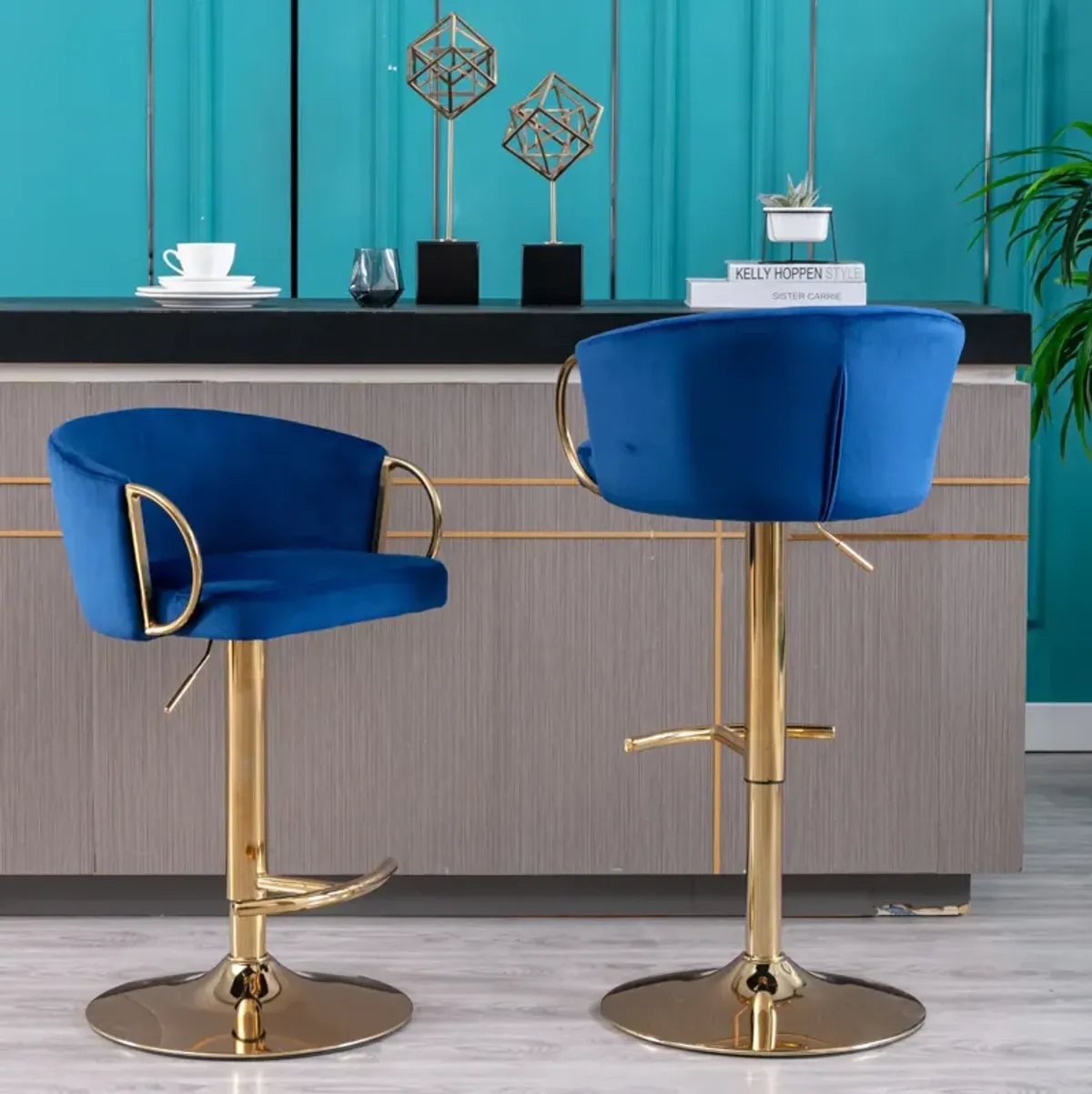 Set of 2 Bar Stools, with Chrome Footrest and Base Swivel Height Adjustable Mechanical Lifting Velvet + Golden Leg Simple Bar Stool-Navy