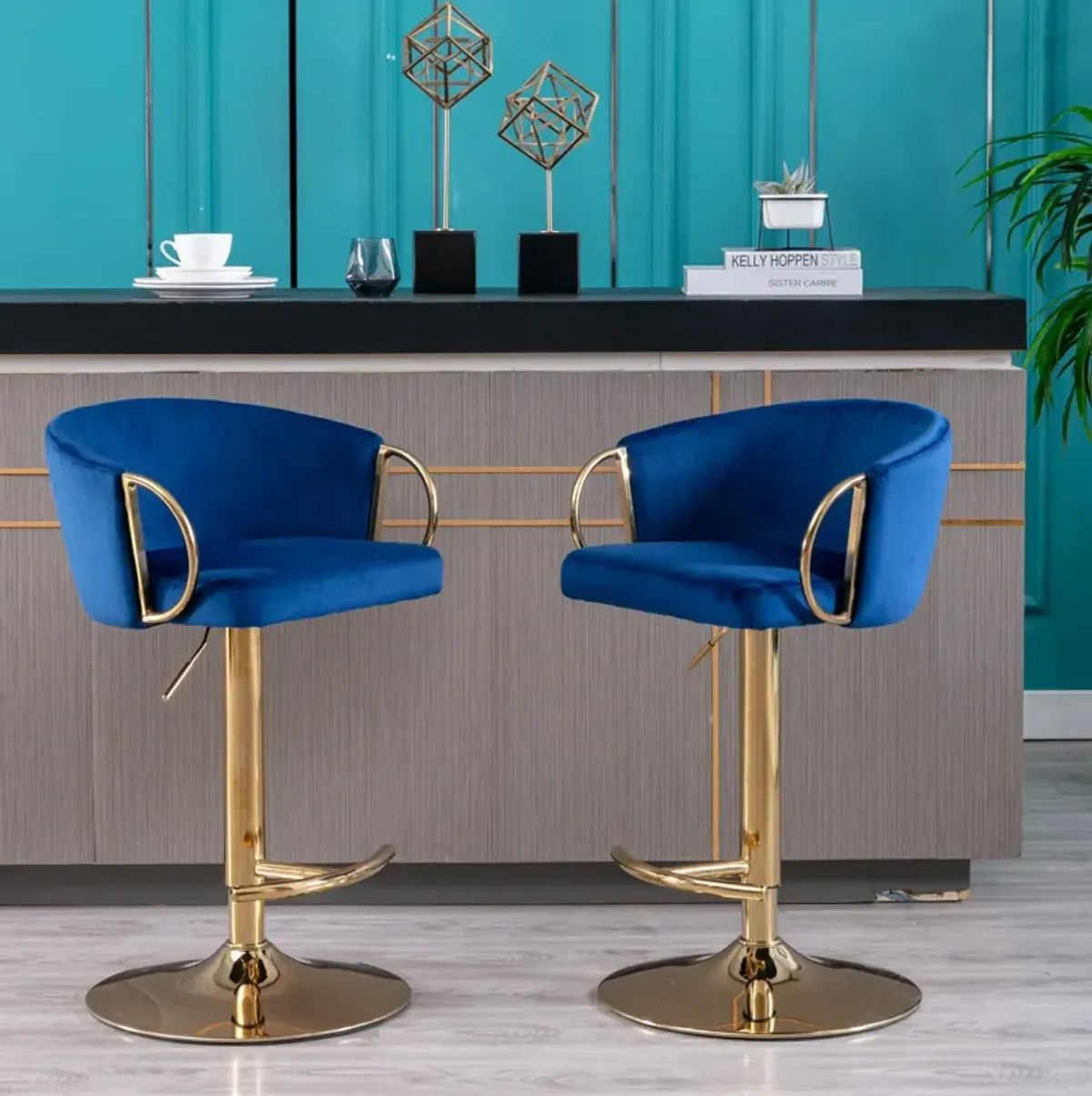 Set of 2 Bar Stools, with Chrome Footrest and Base Swivel Height Adjustable Mechanical Lifting Velvet + Golden Leg Simple Bar Stool-Navy