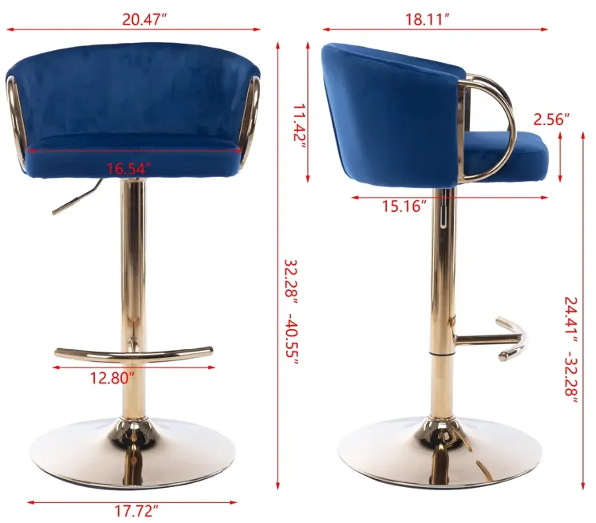 Set of 2 Bar Stools, with Chrome Footrest and Base Swivel Height Adjustable Mechanical Lifting Velvet + Golden Leg Simple Bar Stool-Navy