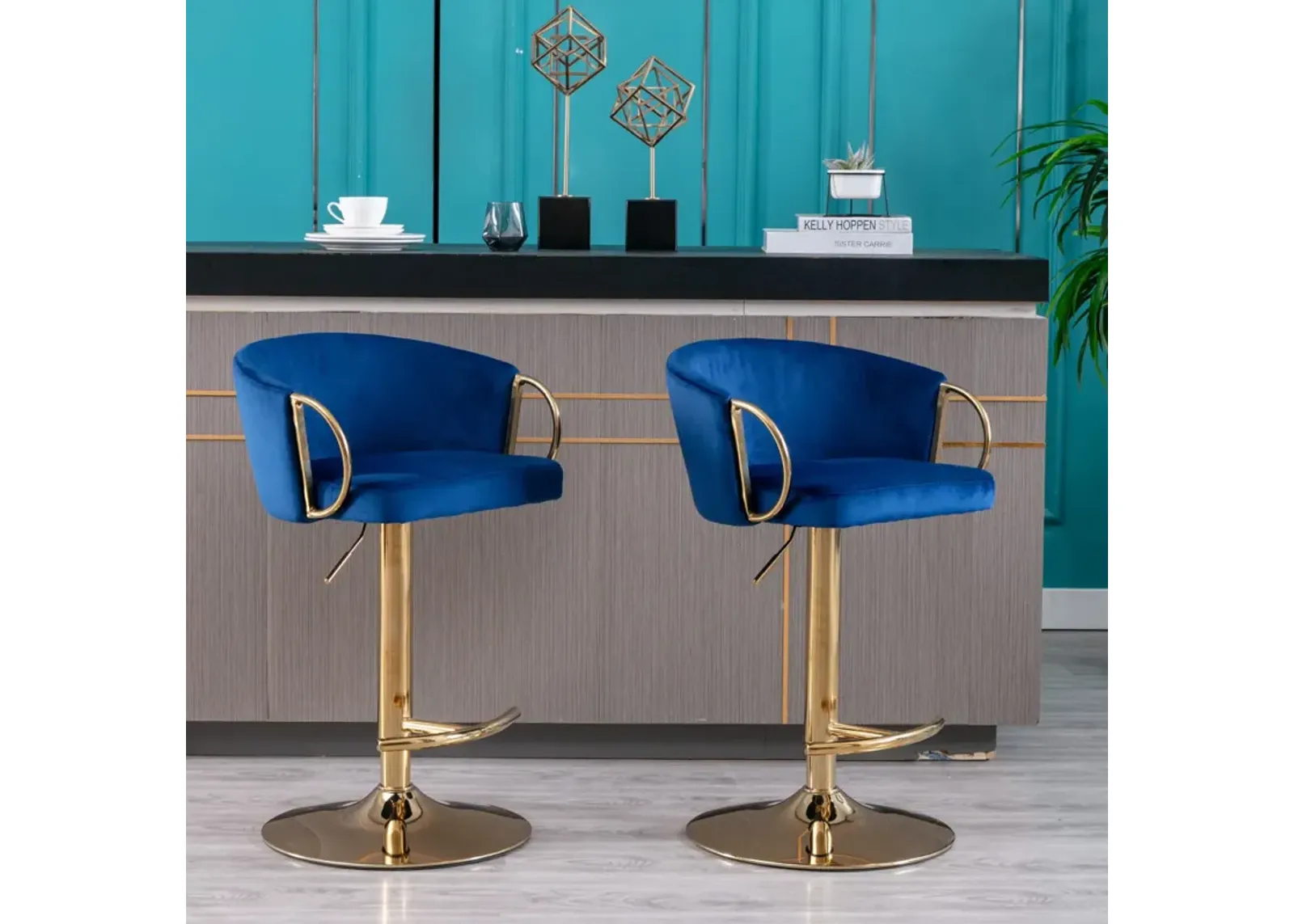 Set of 2 Bar Stools, with Chrome Footrest and Base Swivel Height Adjustable Mechanical Lifting Velvet + Golden Leg Simple Bar Stool-Navy