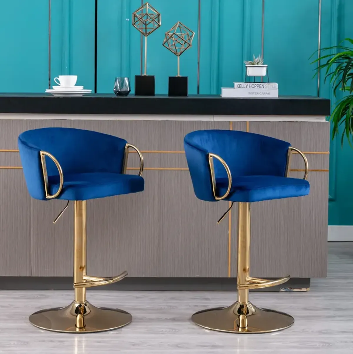 Set of 2 Bar Stools, with Chrome Footrest and Base Swivel Height Adjustable Mechanical Lifting Velvet + Golden Leg Simple Bar Stool-Navy