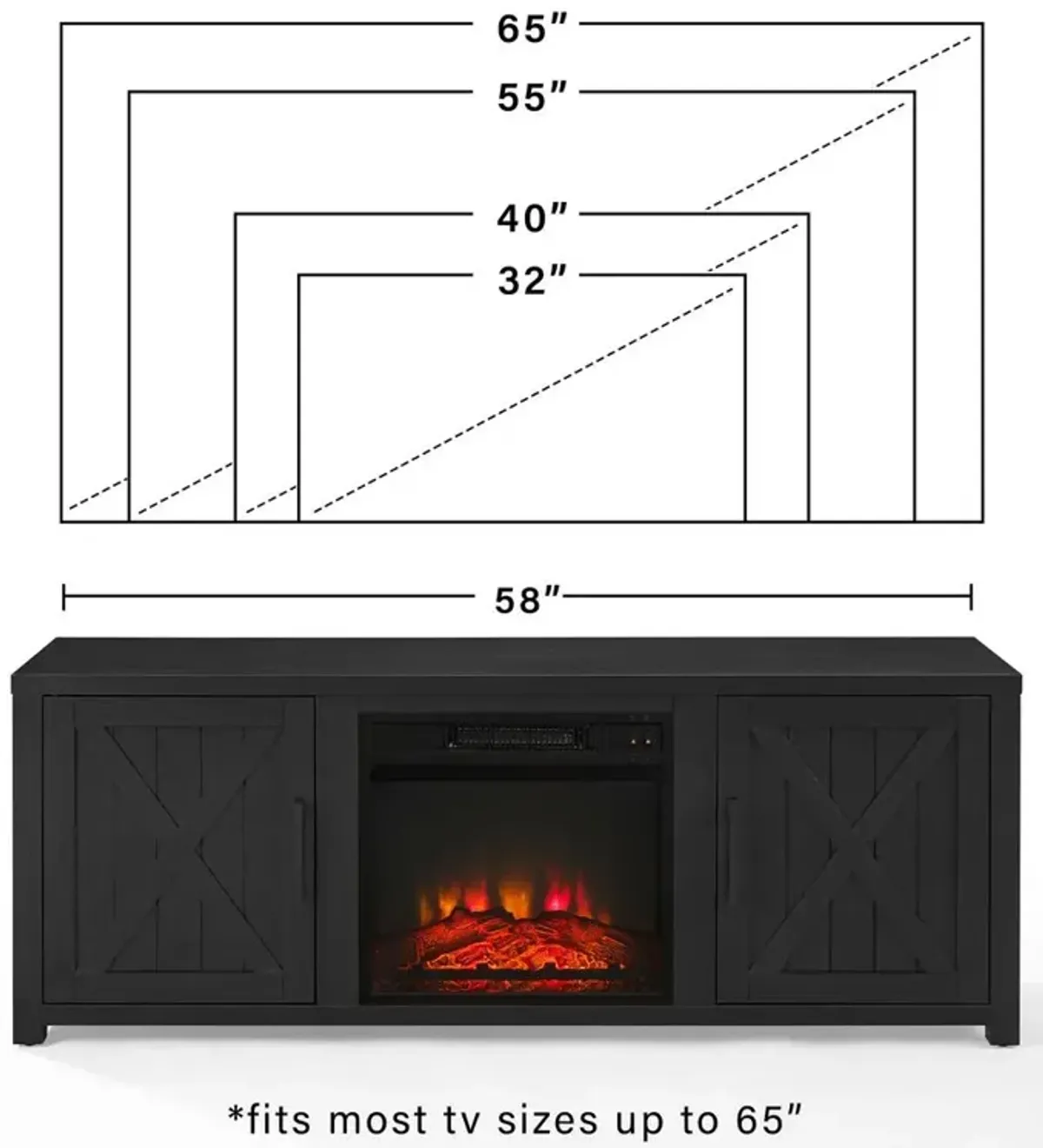 Gordon 58" Low Profile Tv Stand W/Fireplace Black