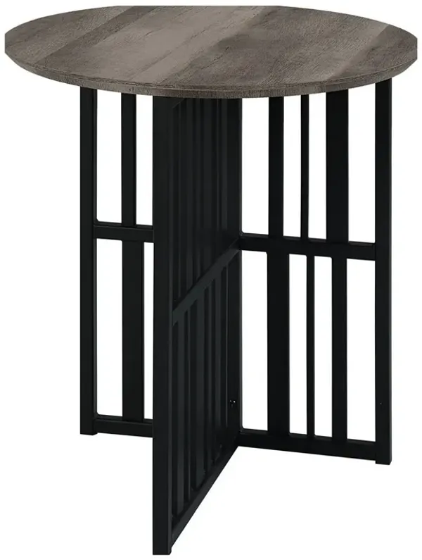 Nori 23 Inch End Table, Round Top, Metal Base, MDF, Antique Oak and Black - Benzara