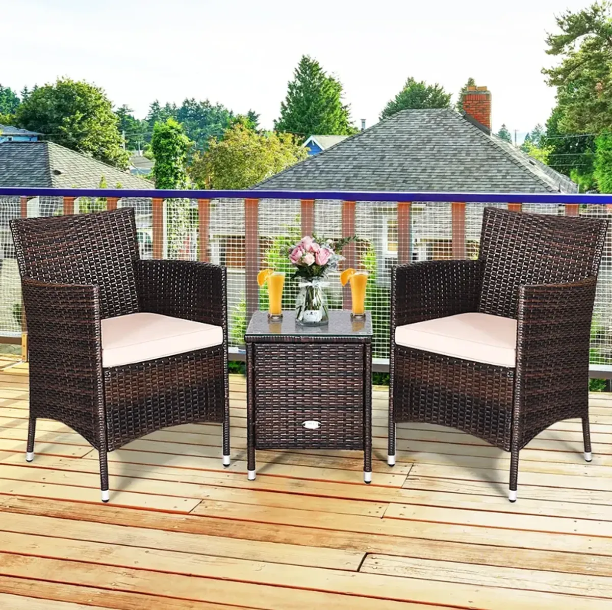 3 Pieces Ergonomic Wicker Patio Conversation Set-Beige