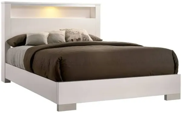 Queen Size Bed with Open shelf, White - Benzara