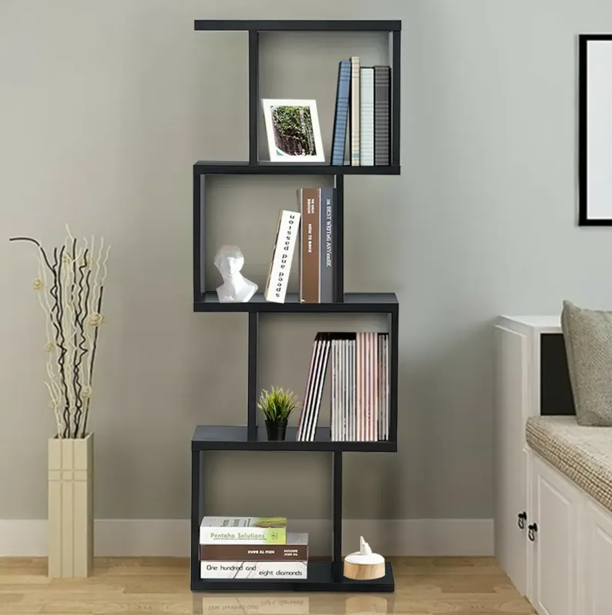 Wooden S-Shaped Bookcase for Living Room Bedroom Office