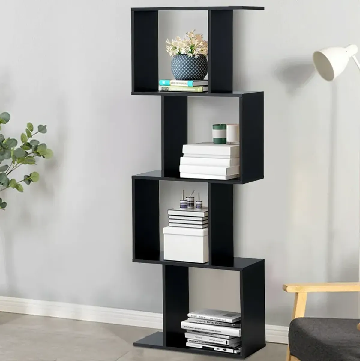 Wooden S-Shaped Bookcase for Living Room Bedroom Office