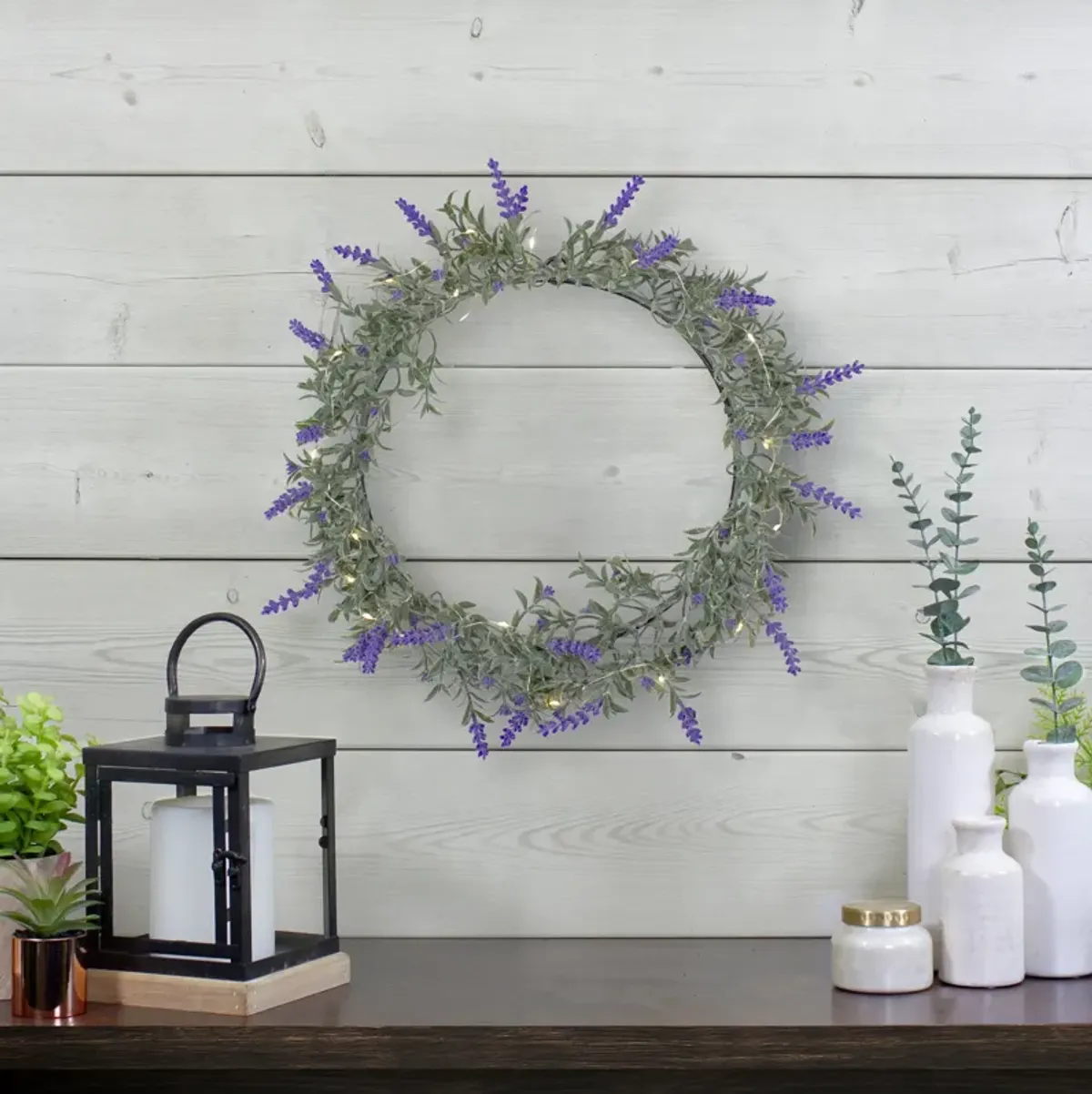 Pre-Lit Battery Operated Lavender Spring Wreath- 16" - White LED Lights