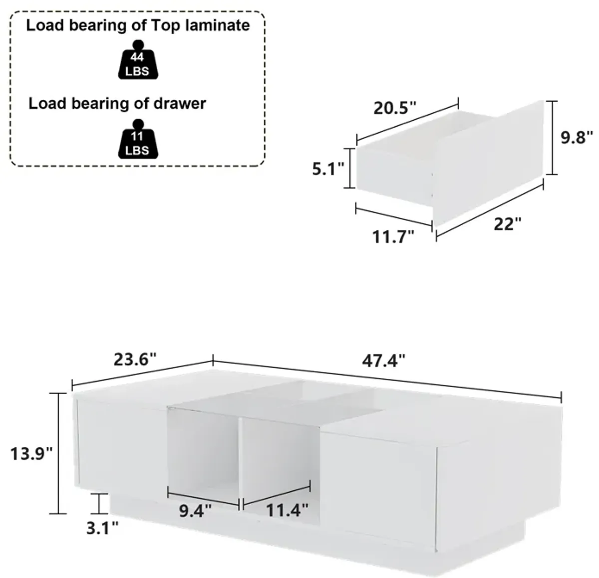 47.4 in. W White Rectangle Particle Board Wooden Coffee Table with 2 Drawers, Glass Table Top & 4 Open Shelves