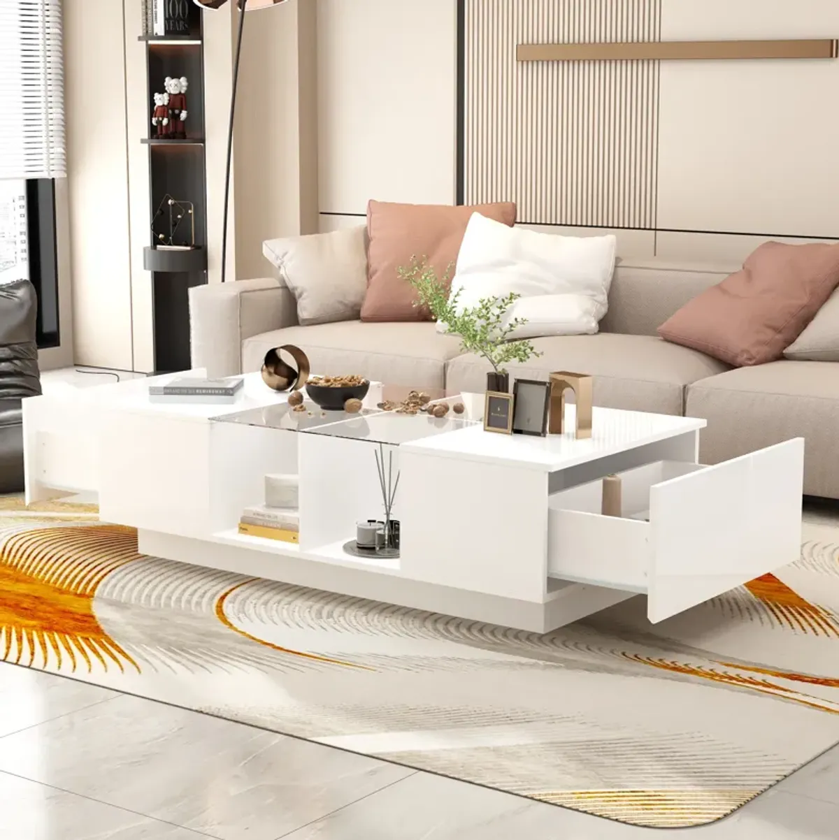 47.4 in. W White Rectangle Particle Board Wooden Coffee Table with 2 Drawers, Glass Table Top & 4 Open Shelves