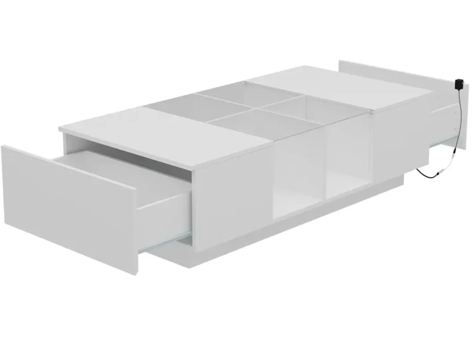 47.4 in. W White Rectangle Particle Board Wooden Coffee Table with 2 Drawers, Glass Table Top & 4 Open Shelves