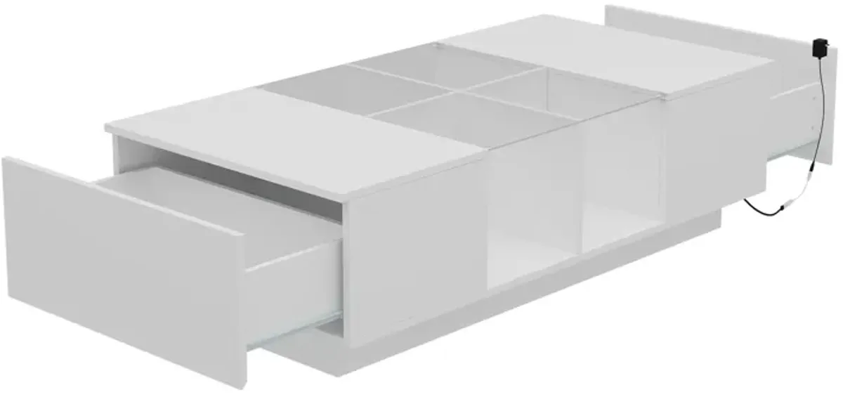 47.4 in. W White Rectangle Particle Board Wooden Coffee Table with 2 Drawers, Glass Table Top & 4 Open Shelves