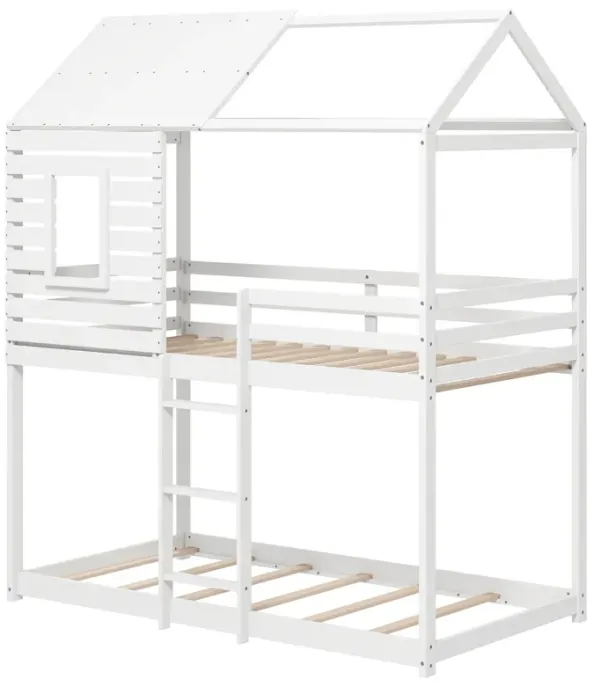 Sturdy Wood Bunk Bed with Roof and Long Guardrails – Creative House Bed for Children