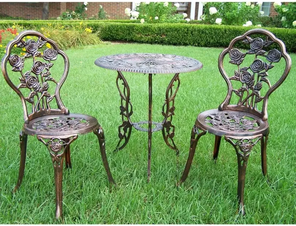 3-Piece Outdoor Bistro Set with Rose Design in Antique Bronze Finish