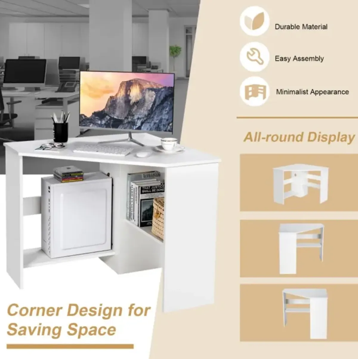 Hivvago Corner Computer Desk Triangle Writing Workstation with Storage Shelf