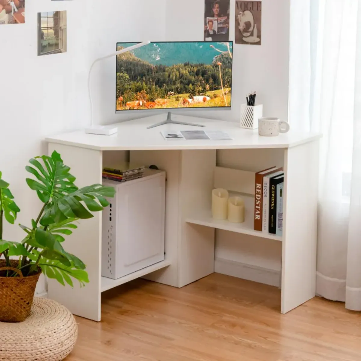 Hivvago Corner Computer Desk Triangle Writing Workstation with Storage Shelf