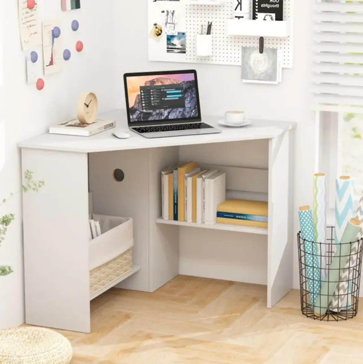 Hivvago Corner Computer Desk Triangle Writing Workstation with Storage Shelf