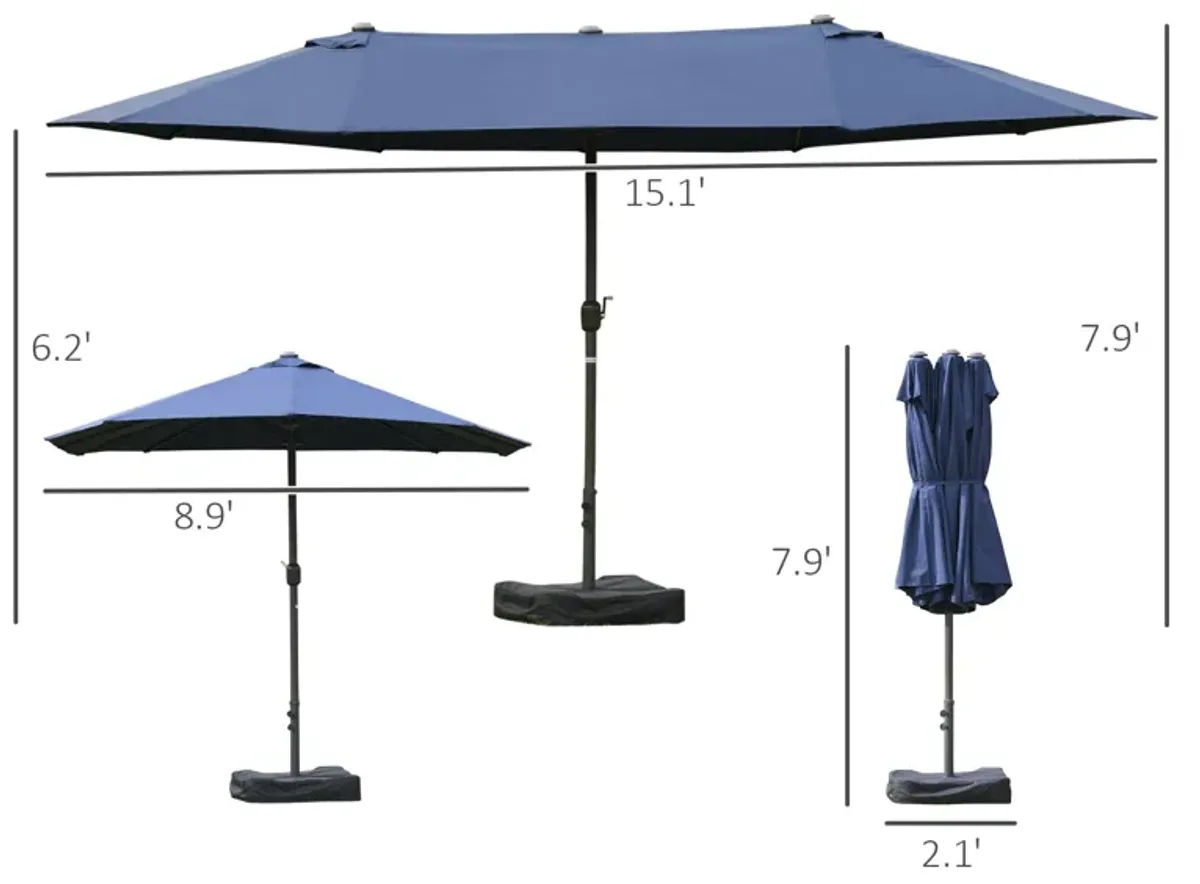 Dark Blue Sun Shield: 15' Rectangular Double-Sided Patio Umbrella