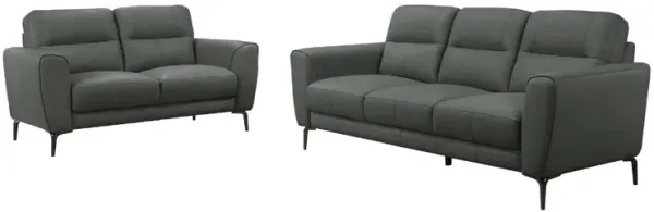 Hena 2pc Sofa and Loveseat Set, Black, Anthracite Gray Full Leather - Benzara