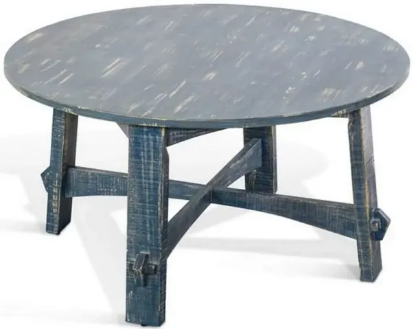 Rena Rustic Coffee Table, 36 Inch Round Top Distressed Ocean Blue Wood - Benzara