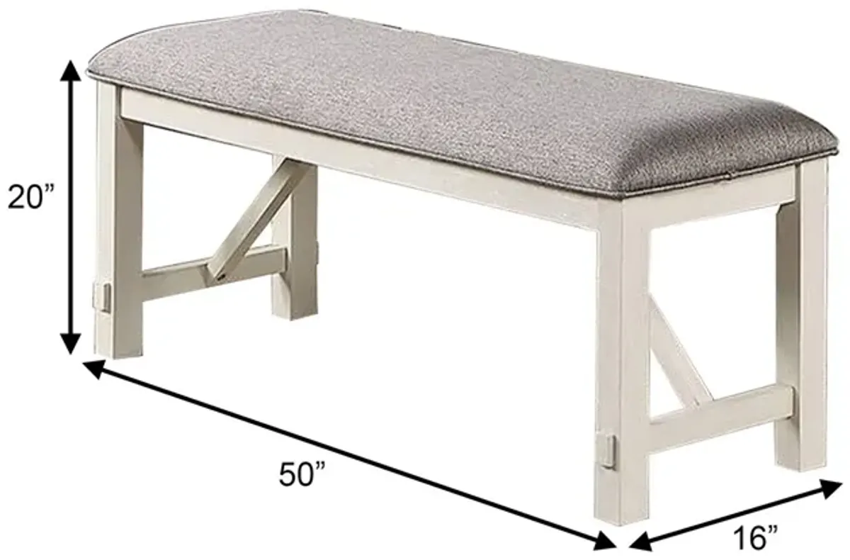 Lexi 50 Inch Dining Bench, Fabric Padded Seat, Rubberwood, Gray and White-Benzara