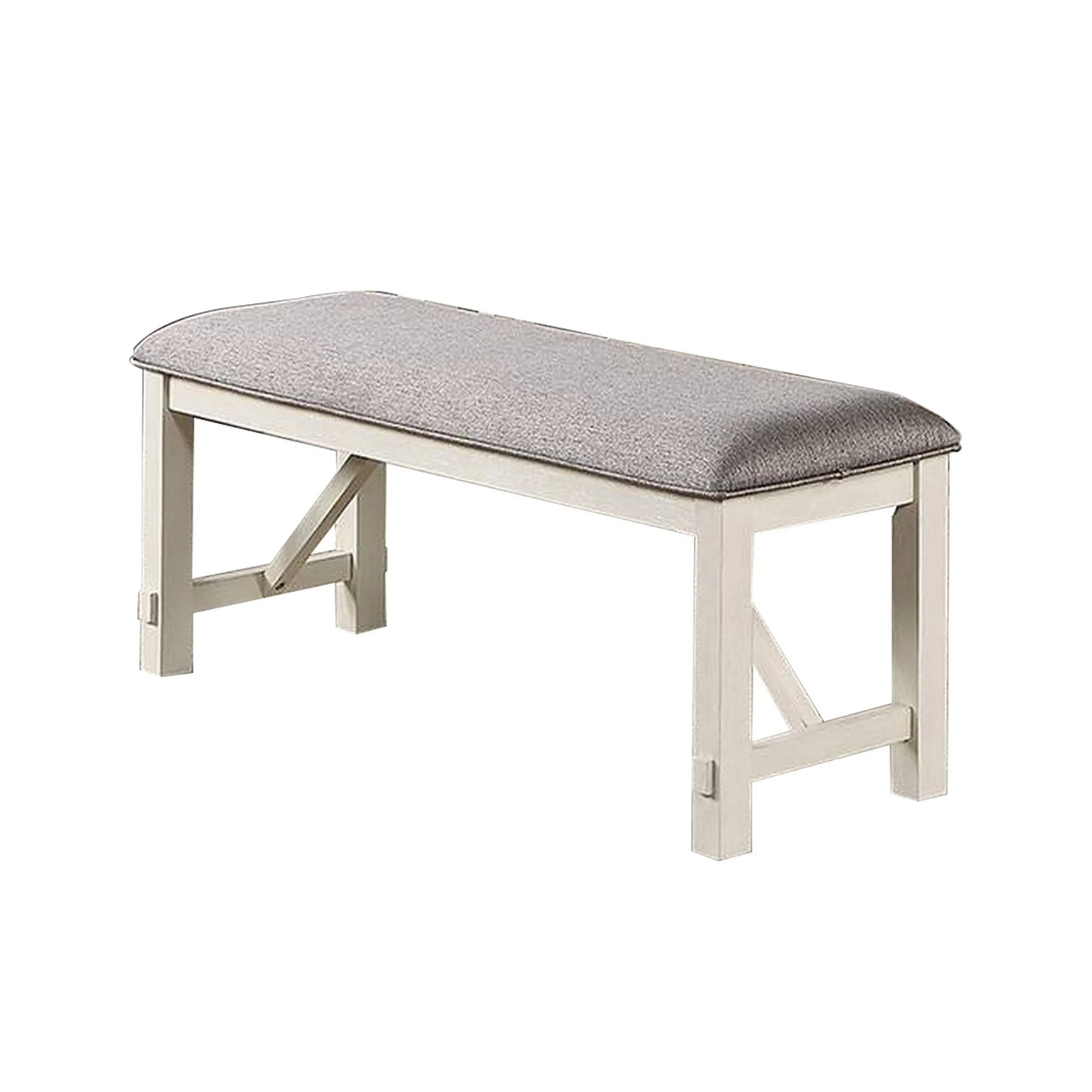 Lexi 50 Inch Dining Bench, Fabric Padded Seat, Rubberwood, Gray and White-Benzara