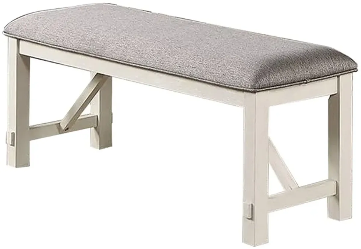 Lexi 50 Inch Dining Bench, Fabric Padded Seat, Rubberwood, Gray and White-Benzara