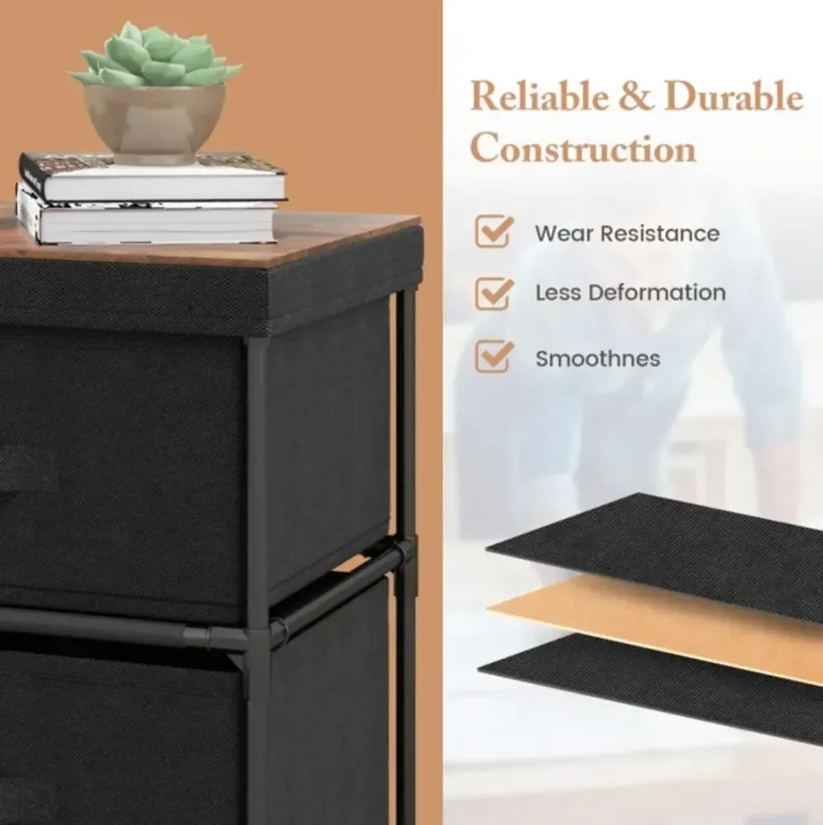 2-Drawer Nightstand with Removable Fabric Bins and Pull Handles Set of 2