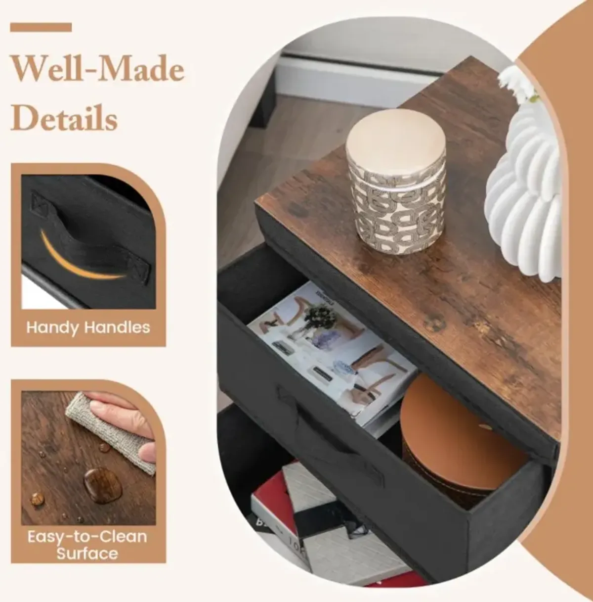2-Drawer Nightstand with Removable Fabric Bins and Pull Handles Set of 2