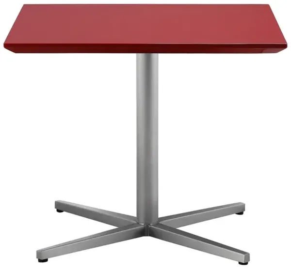 Eva 24 Inch Side End Table, Square Red Lacquer, Crossed Chrome Steel - Benzara