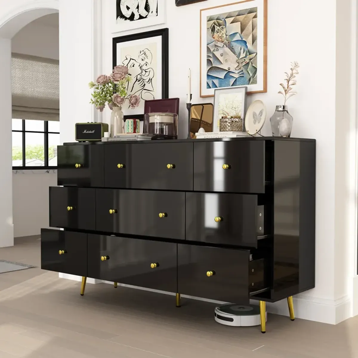 FUFU&GAGA Modern 9-Drawer Dresser with Gold Knobs and Ample Storage (55.1" W x 35.4" H x 15.7" D),Black