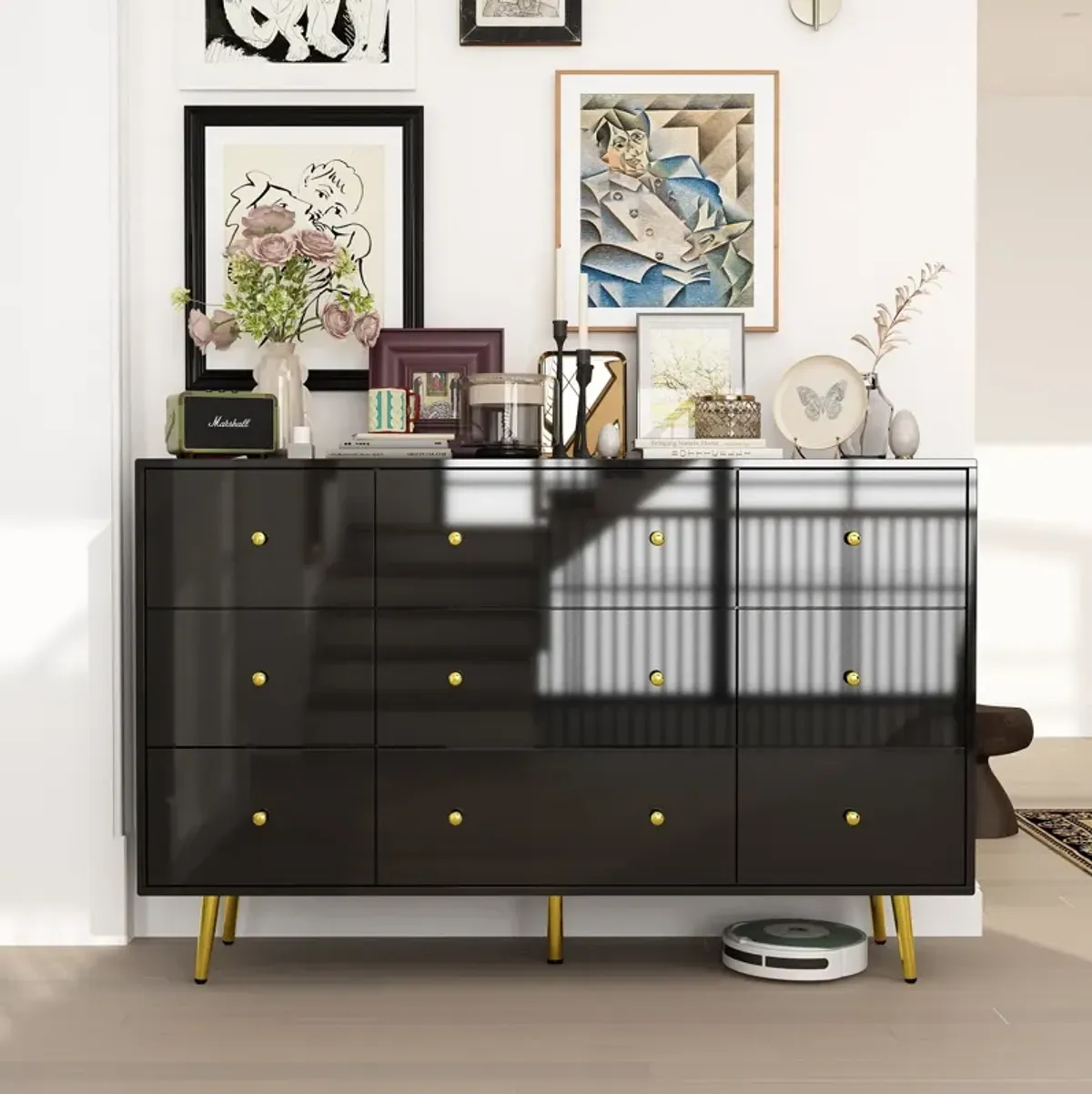 FUFU&GAGA Modern 9-Drawer Dresser with Gold Knobs and Ample Storage (55.1" W x 35.4" H x 15.7" D),Black