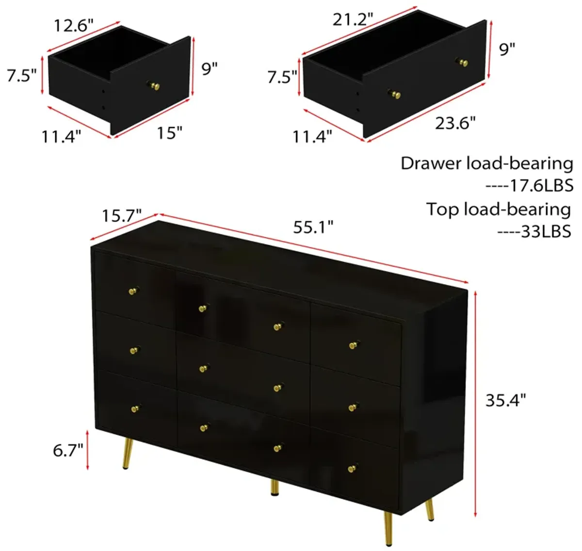 FUFU&GAGA Modern 9-Drawer Dresser with Gold Knobs and Ample Storage (55.1" W x 35.4" H x 15.7" D),Black