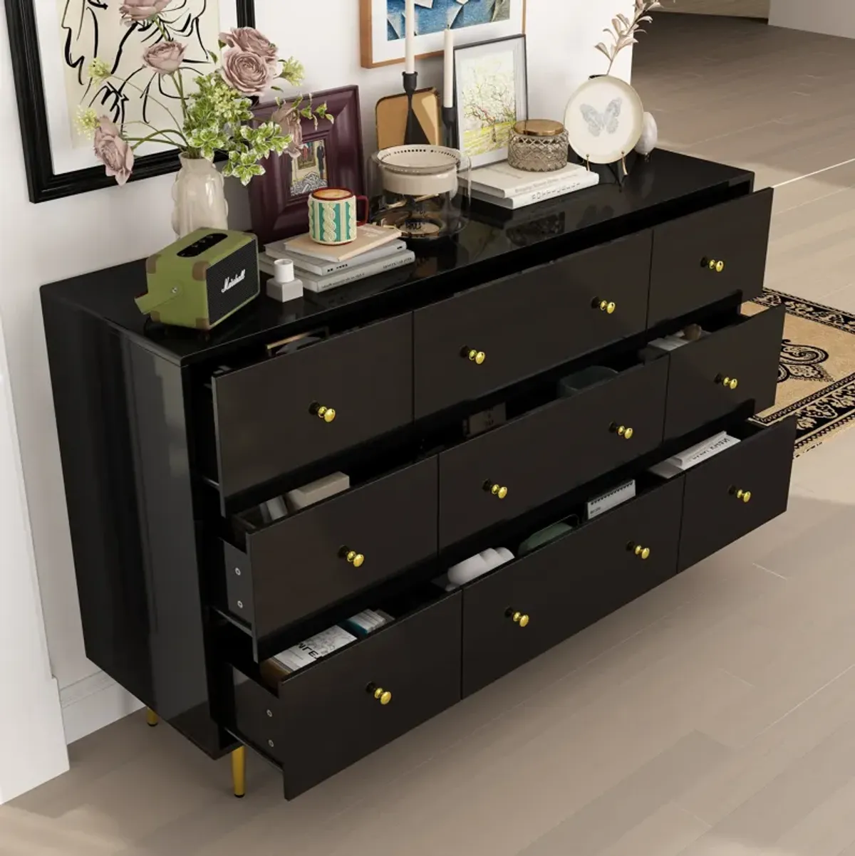 FUFU&GAGA Modern 9-Drawer Dresser with Gold Knobs and Ample Storage (55.1" W x 35.4" H x 15.7" D),Black