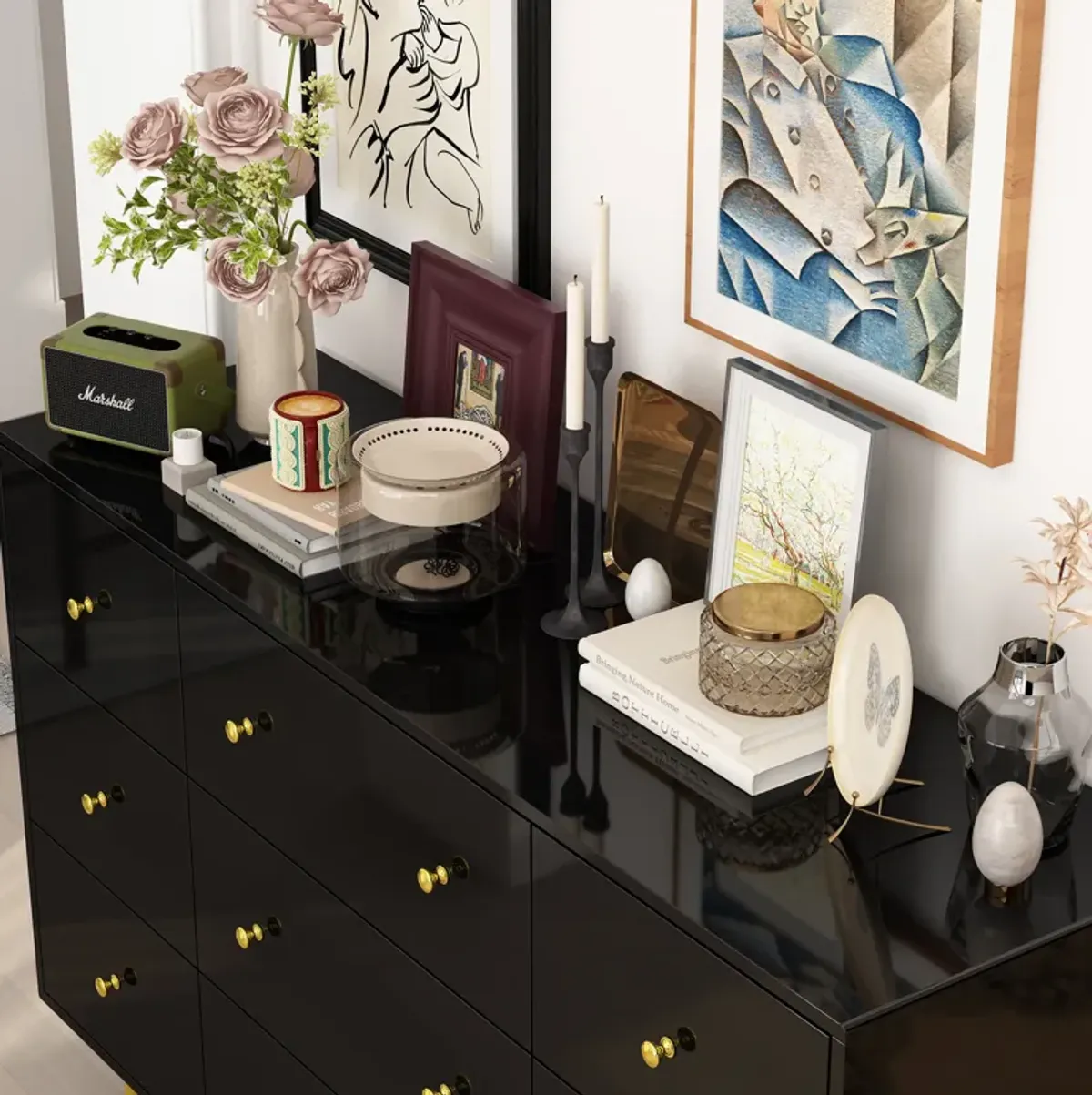 FUFU&GAGA Modern 9-Drawer Dresser with Gold Knobs and Ample Storage (55.1" W x 35.4" H x 15.7" D),Black