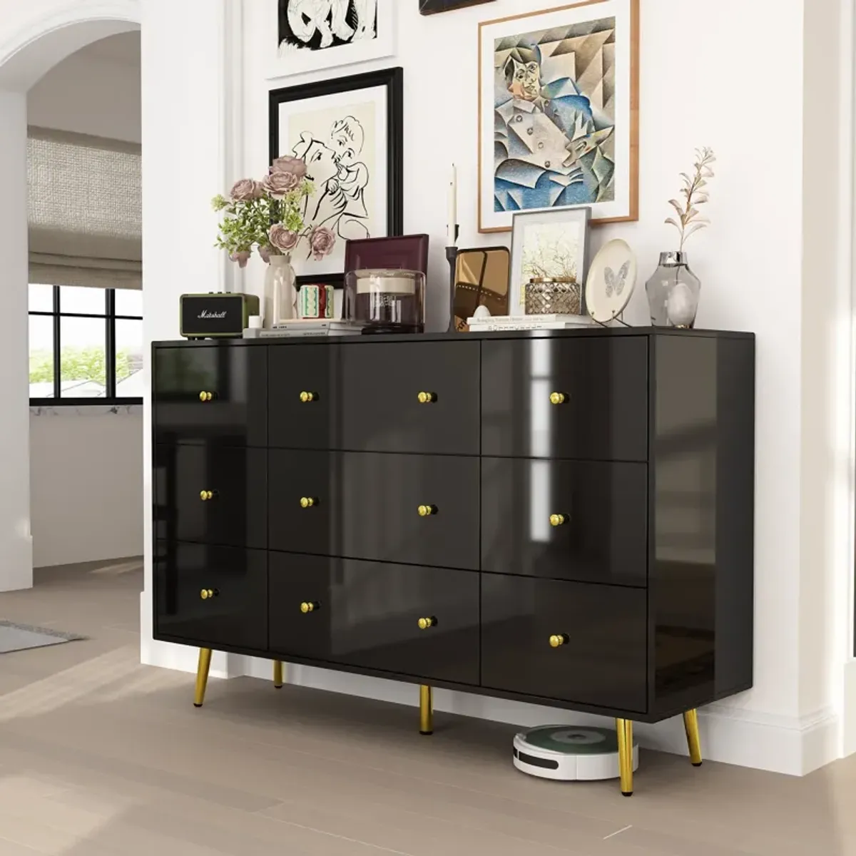 FUFU&GAGA Modern 9-Drawer Dresser with Gold Knobs and Ample Storage (55.1" W x 35.4" H x 15.7" D),Black