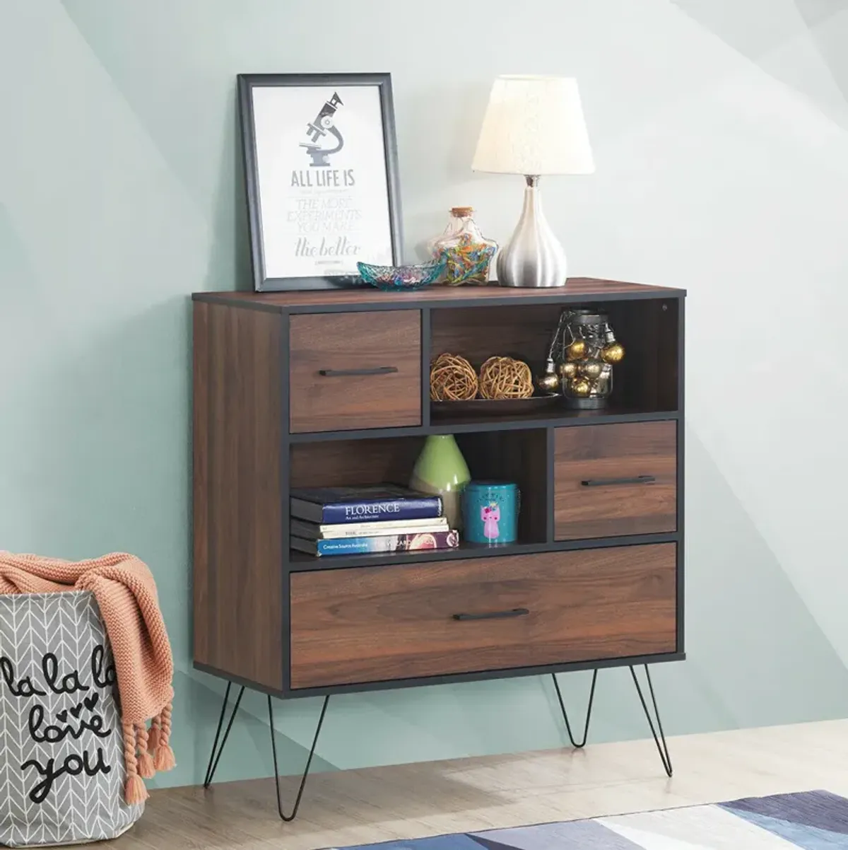 3-Tier Wood Storage Cabinet with Drawers and 4 Metal Legs